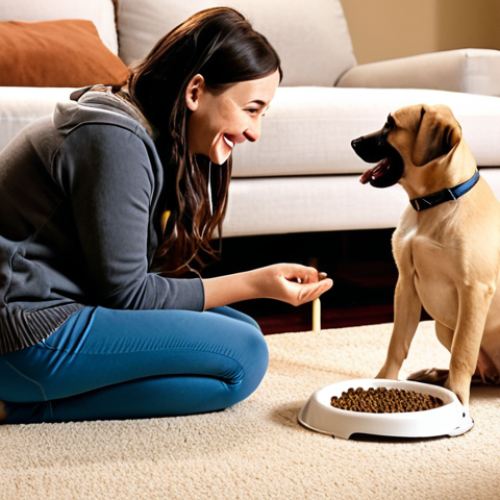 Home 7 **Building Trust During Potty Training**
*A warm and cozy living room scene where a dog owner gently encourages their puppy to use a designated potty area. The owner is smiling and offering treats, while the puppy looks happy and attentive. Soft lighting creates a trusting atmosphere, symbolizing the bond between them.*