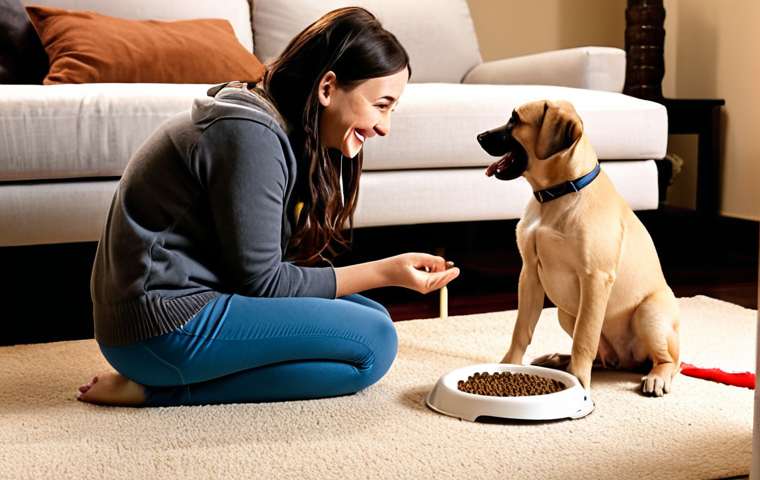 **Building Trust During Potty Training**  
   *A warm and cozy living room scene where a dog owner gently encourages their puppy to use a designated potty area. The owner is smiling and offering treats, while the puppy looks happy and attentive. Soft lighting creates a trusting atmosphere, symbolizing the bond between them.*
