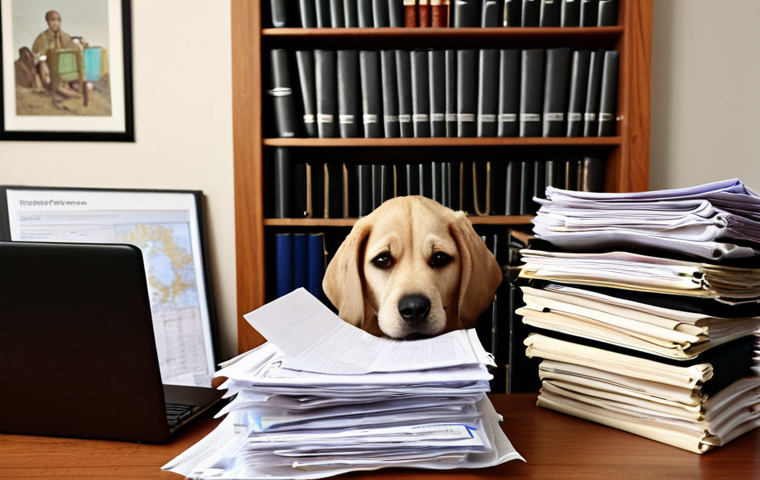 **Prompt 1: The Gauntlet of Preparation**
    A realistic depiction of an adult person, looking slightly overwhelmed yet determined, surrounded by piles of complex international pet import documents, forms, and a laptop displaying regulations. A small, slightly anxious dog (perhaps a puppy) peeks cautiously from behind a pet carrier or a stack of papers, hinting at the journey and the unknown. The scene is set in a home study or office, with elements like a world map or a small globe in the background, symbolizing international travel. The atmosphere is detailed, slightly stressful but hopeful, reflecting the "maze of documents" and "realistic concerns."