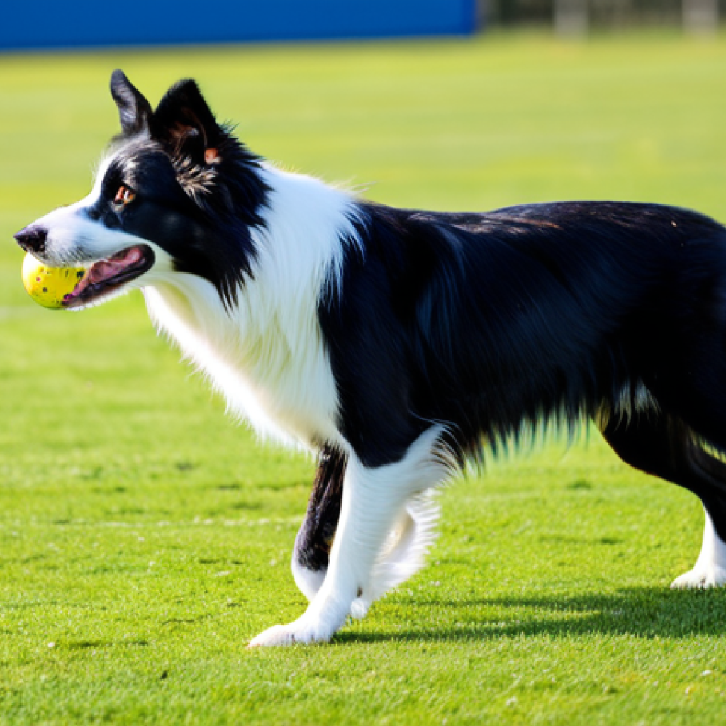 A focused Border Collie, mid-air, expertly catching a flying disc during an agility session. Its intelligent eyes are locked on the disc, muscles tensed in a powerful yet natural pose. The background features a bright, well-maintained outdoor training field under a clear sky. perfect anatomy, correct proportions, well-formed limbs, natural body proportions, professional photography, high quality, sharp focus, vibrant colors, dynamic composition, safe for work, appropriate content, fully clothed appearance, family-friendly, professional image.