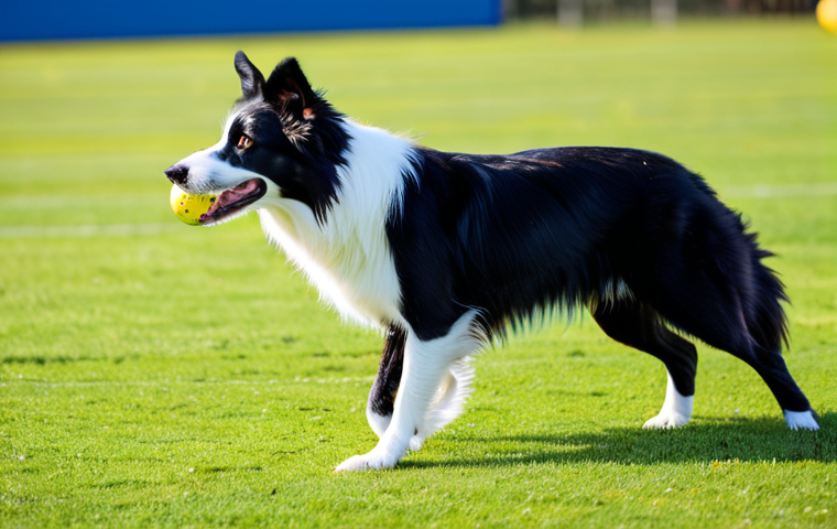 A focused Border Collie, mid-air, expertly catching a flying disc during an agility session. Its intelligent eyes are locked on the disc, muscles tensed in a powerful yet natural pose. The background features a bright, well-maintained outdoor training field under a clear sky. perfect anatomy, correct proportions, well-formed limbs, natural body proportions, professional photography, high quality, sharp focus, vibrant colors, dynamic composition, safe for work, appropriate content, fully clothed appearance, family-friendly, professional image.