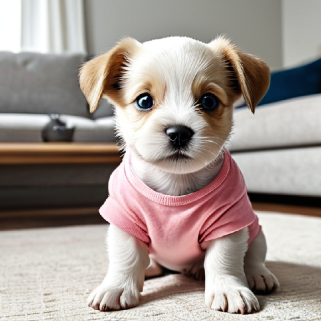 **
A small puppy wearing a diaper, fully clothed, in a bright living room. The puppy is sitting comfortably, looking at the camera with a cute expression. Safe for work, appropriate content, family-friendly, perfect anatomy, correct proportions, natural pose, well-formed hands, proper finger count, natural body proportions, high quality.
**