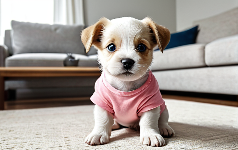 **
A small puppy wearing a diaper, fully clothed, in a bright living room. The puppy is sitting comfortably, looking at the camera with a cute expression. Safe for work, appropriate content, family-friendly, perfect anatomy, correct proportions, natural pose, well-formed hands, proper finger count, natural body proportions, high quality.
**
