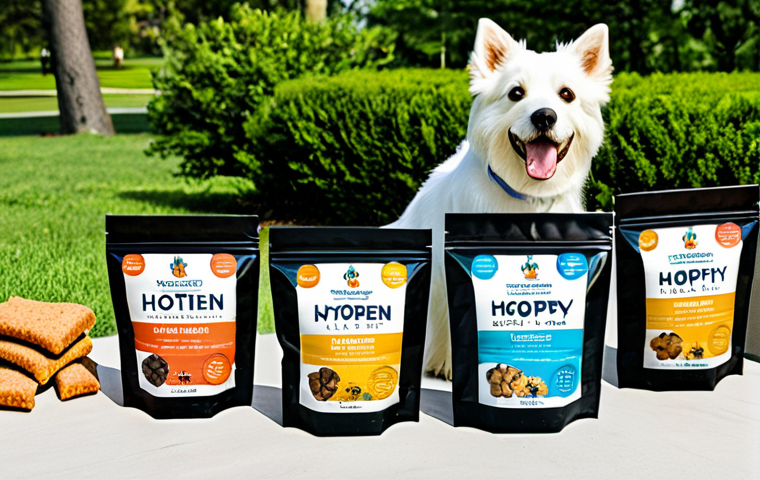 Allergy-Friendly Dog Treats**
"A diverse selection of hypoallergenic dog treats, including hydrolyzed protein bites and grain-free chews, arranged on a clean white surface. The packaging highlights "Hydrolyzed Protein" and "Grain-Free" labels. Background includes healthy, happy, fully clothed dogs playing in a sunny park. safe for work, appropriate content, fully clothed, professional product photography, perfect anatomy, correct proportions, family-friendly."
**