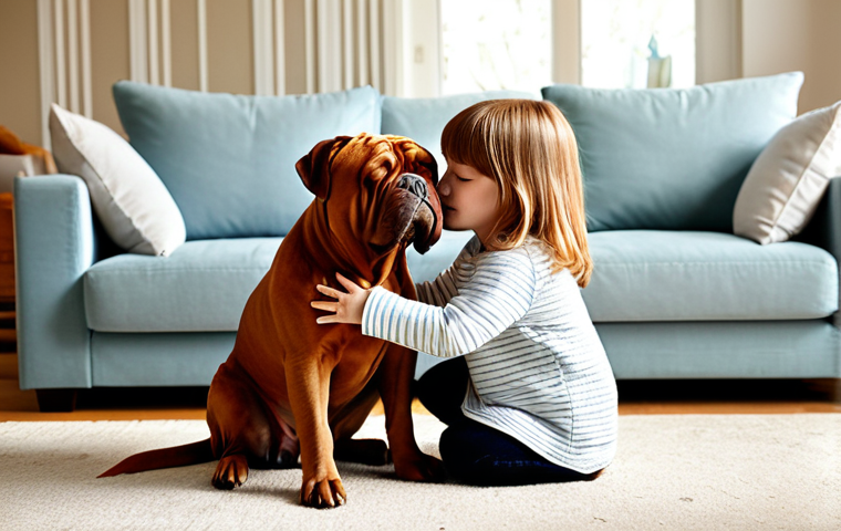 **
"A family-friendly scene of a fully clothed child gently hugging a Dog de Bordeaux in a sunny living room. The dog is sitting calmly. Soft, warm lighting. Focus on the loving interaction. Safe for work, appropriate content, professional photography, perfect anatomy, natural proportions, modest clothing."
**