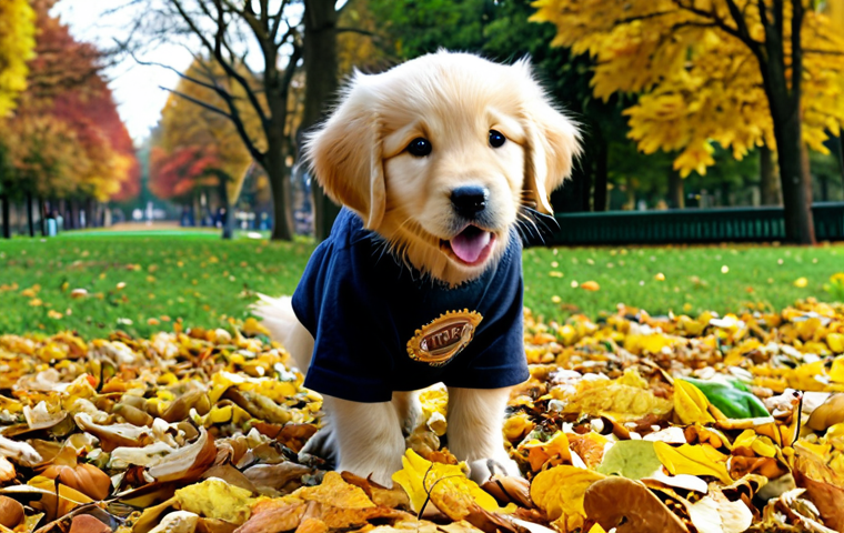 **
A golden retriever puppy, fully clothed in a "Dog MBTI Enthusiast" t-shirt, wagging its tail excitedly in a park setting, surrounded by autumn leaves, appropriate attire, safe for work, perfect anatomy, natural proportions, family-friendly.
**