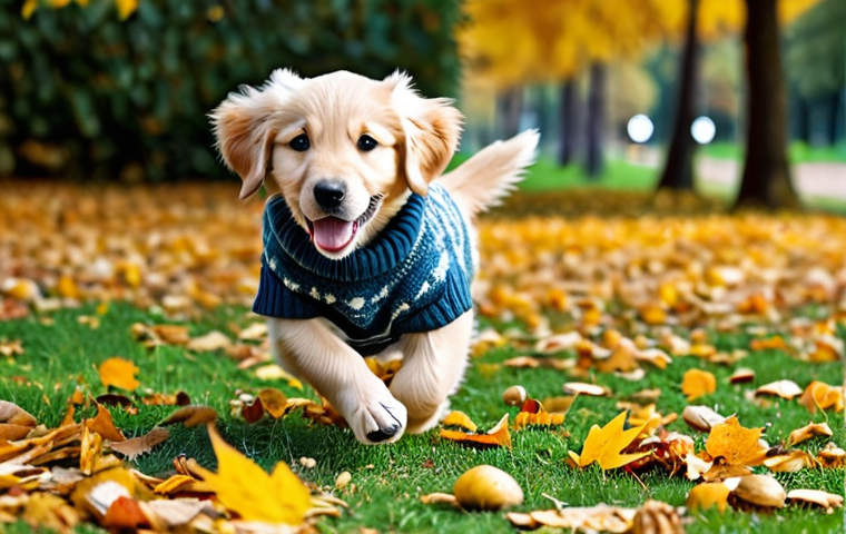 **
"A playful female Golden Retriever puppy, fully clothed in a cute dog sweater, running in a park with autumn leaves, safe for work, appropriate content, perfect anatomy, natural proportions, family-friendly, high-quality photo"
**
