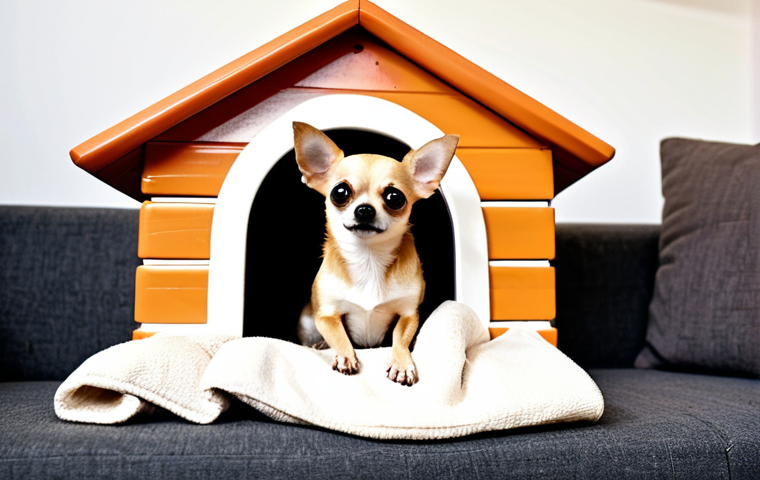 치와와 짖음 조절법 - Anxious Chihuahua in Safe Space**
A small, tan Chihuahua in a cozy dog house filled with blankets a...
