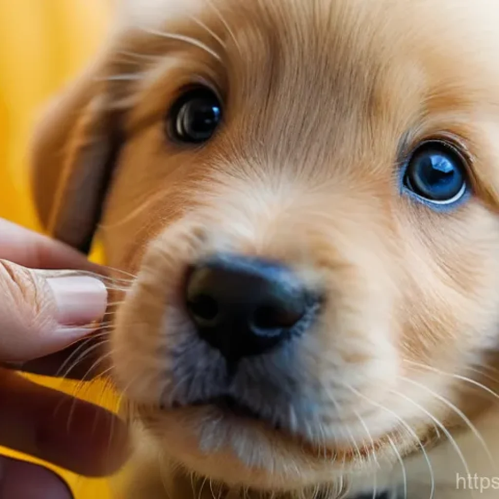 강아지 분양 시 주의점 - **A close-up, heartwarming shot of a healthy, active puppy's face while a gentle human hand is caref...