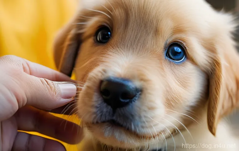 강아지 분양 시 주의점 - **A close-up, heartwarming shot of a healthy, active puppy's face while a gentle human hand is caref...