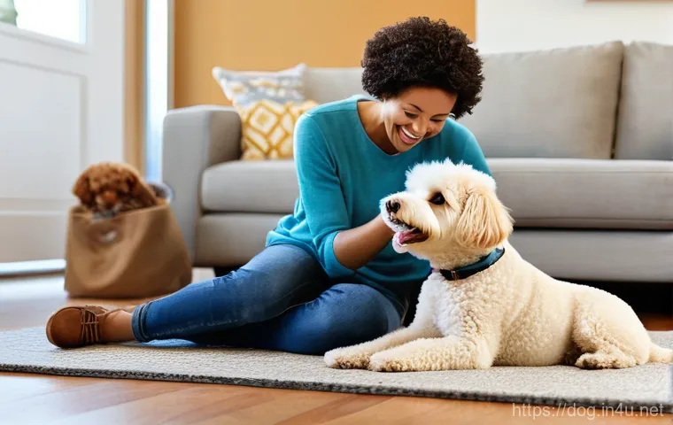 강아지 분양 시 주의점 - **A close-up, heartwarming shot of a healthy, active puppy's face while a gentle human hand is caref...