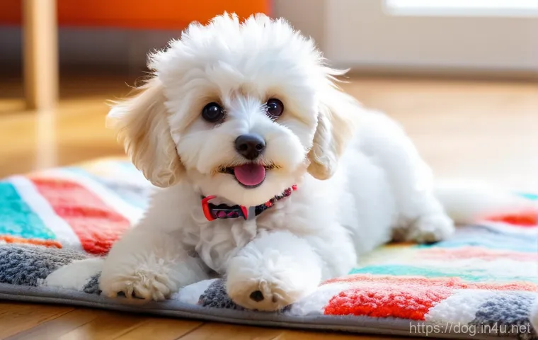 비숑프리제와 푸들 믹스 - A fluffy and adorable Puchon (Poodle and Bichon Frise mix) puppy, with curly white fur and bright, c...