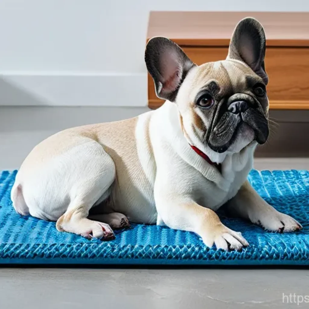 불독의 건강 문제 - **Prompt 1:** A serene and calm French Bulldog resting comfortably on a cooling mat inside a brightl...