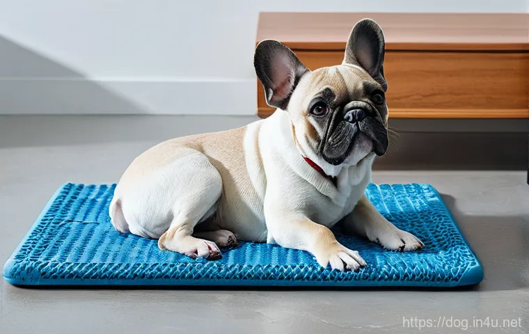 불독의 건강 문제 - **Prompt 1:** A serene and calm French Bulldog resting comfortably on a cooling mat inside a brightl...
