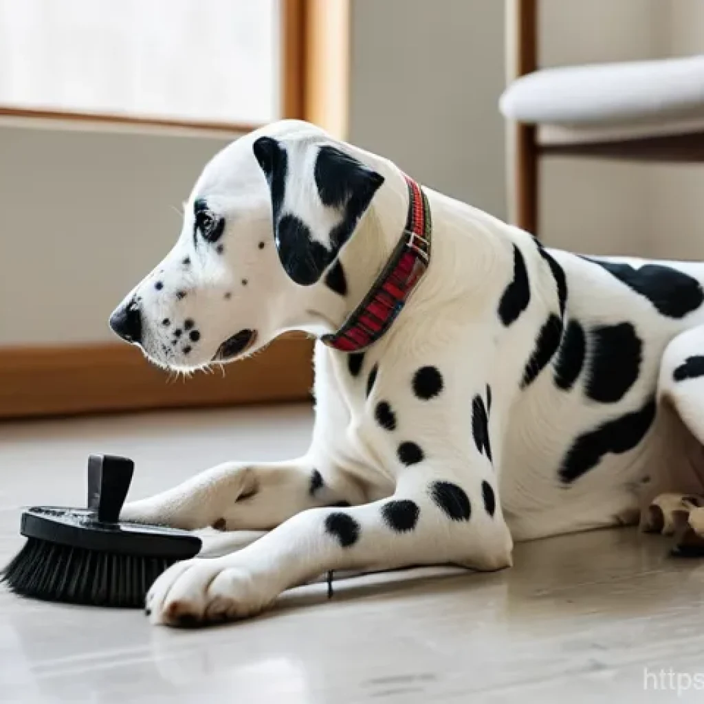 달마시안 털 빠짐 문제 - A close-up, heartwarming indoor scene. A Dalmatian with its distinctive white coat and black spots i...