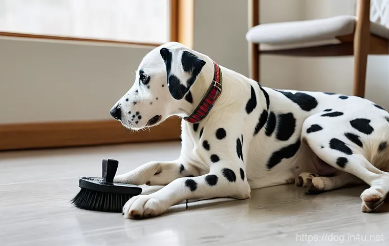 달마시안 털 빠짐 문제 - A close-up, heartwarming indoor scene. A Dalmatian with its distinctive white coat and black spots i...