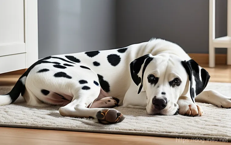 달마시안 털 빠짐 문제 - A close-up, heartwarming indoor scene. A Dalmatian with its distinctive white coat and black spots i...