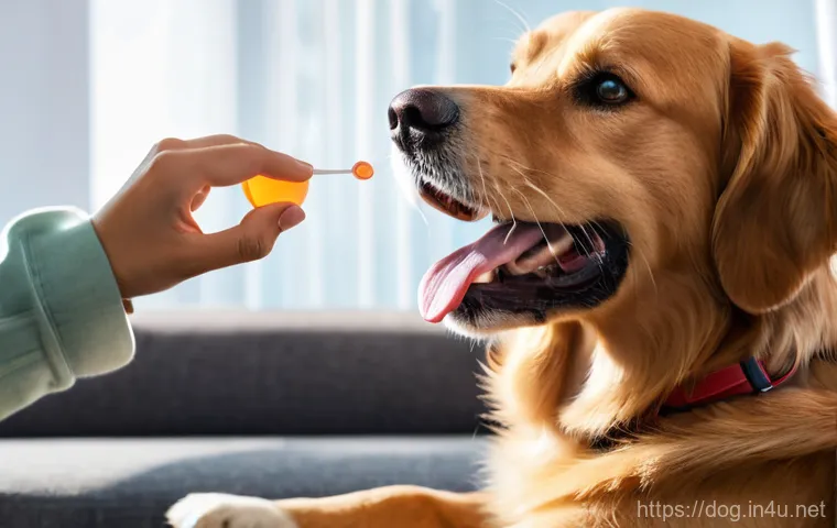 강아지 구충제 종류 - A cheerful Golden Retriever or Beagle dog, with bright eyes and a slightly open mouth as if panting ...