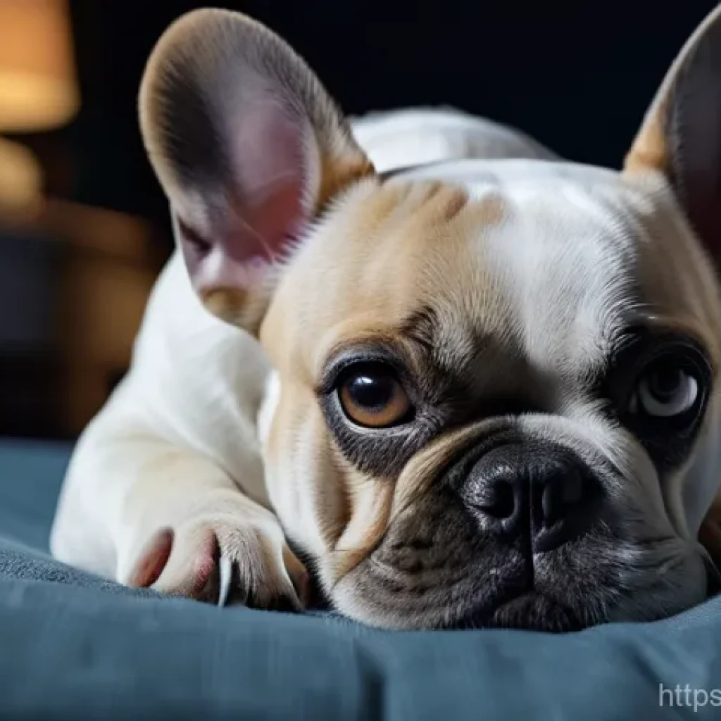 프렌치 불독의 수면 습관 - A close-up portrait of a cute French Bulldog with a worried expression, lying on a slightly messy do...