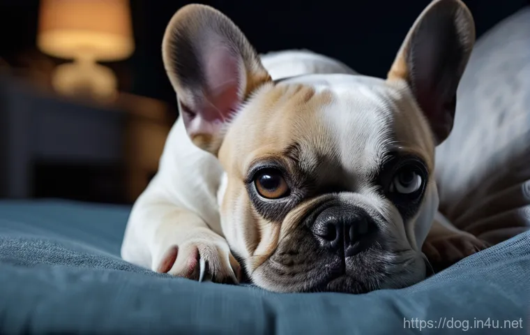 프렌치 불독의 수면 습관 - A close-up portrait of a cute French Bulldog with a worried expression, lying on a slightly messy do...