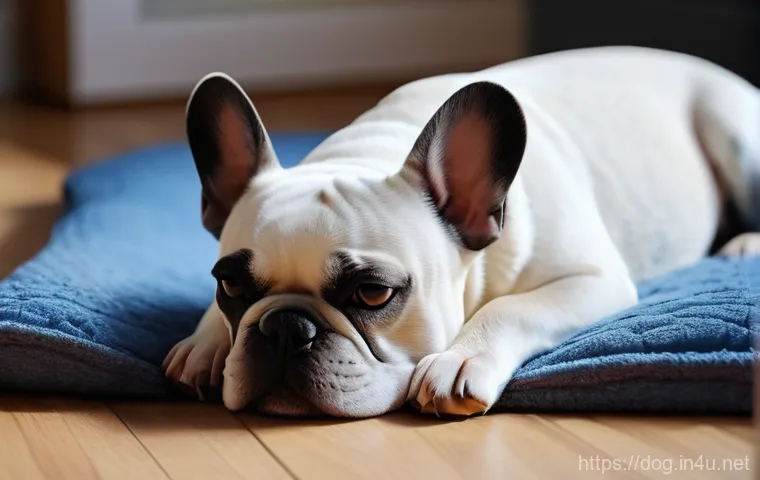 프렌치 불독의 수면 습관 - A close-up portrait of a cute French Bulldog with a worried expression, lying on a slightly messy do...