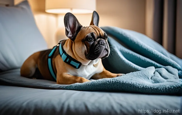프렌치 불독의 수면 습관 - A serene image of a healthy French Bulldog sleeping soundly and peacefully on a cool mat inside a cl...
