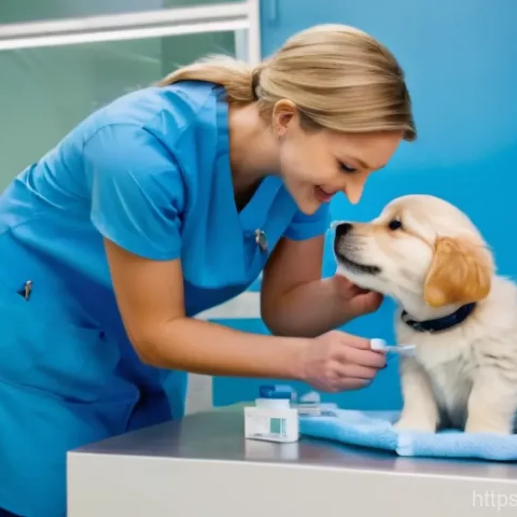 강아지 종합관리 체크리스트 - **Prompt 1: A heartwarming scene of a young puppy's first vet visit for vaccinations and a health ch...