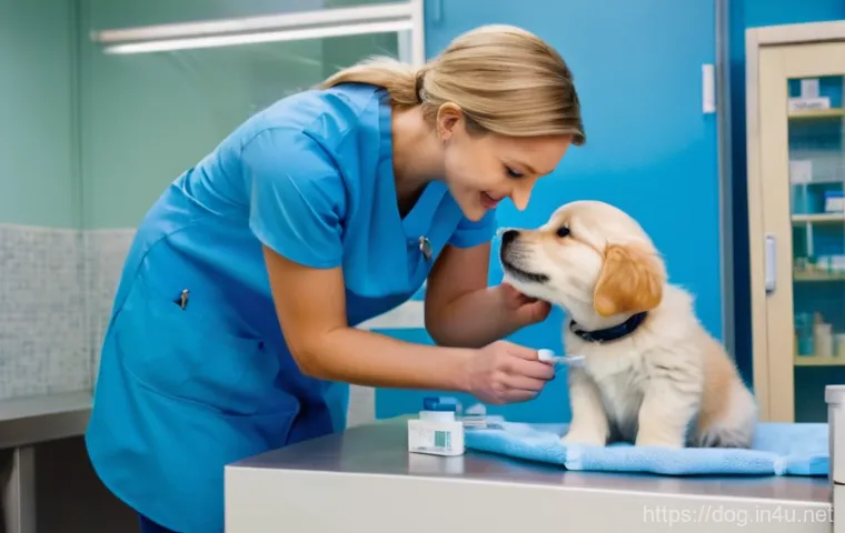 강아지 종합관리 체크리스트 - **Prompt 1: A heartwarming scene of a young puppy's first vet visit for vaccinations and a health ch...