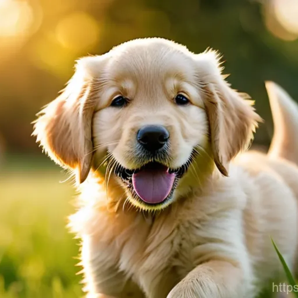 강아지 사진 촬영 팁 - **Prompt:** A heartwarming, eye-level photograph of a Golden Retriever puppy joyfully playing in a s...