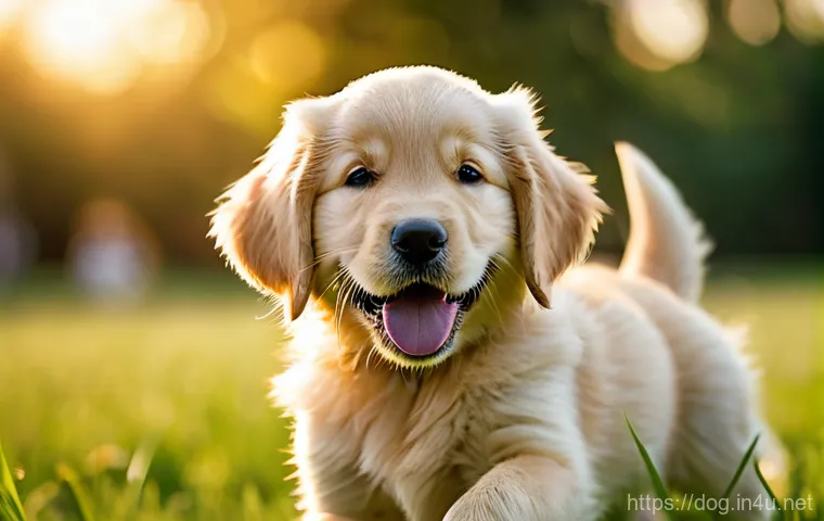 강아지 사진 촬영 팁 - **Prompt:** A heartwarming, eye-level photograph of a Golden Retriever puppy joyfully playing in a s...