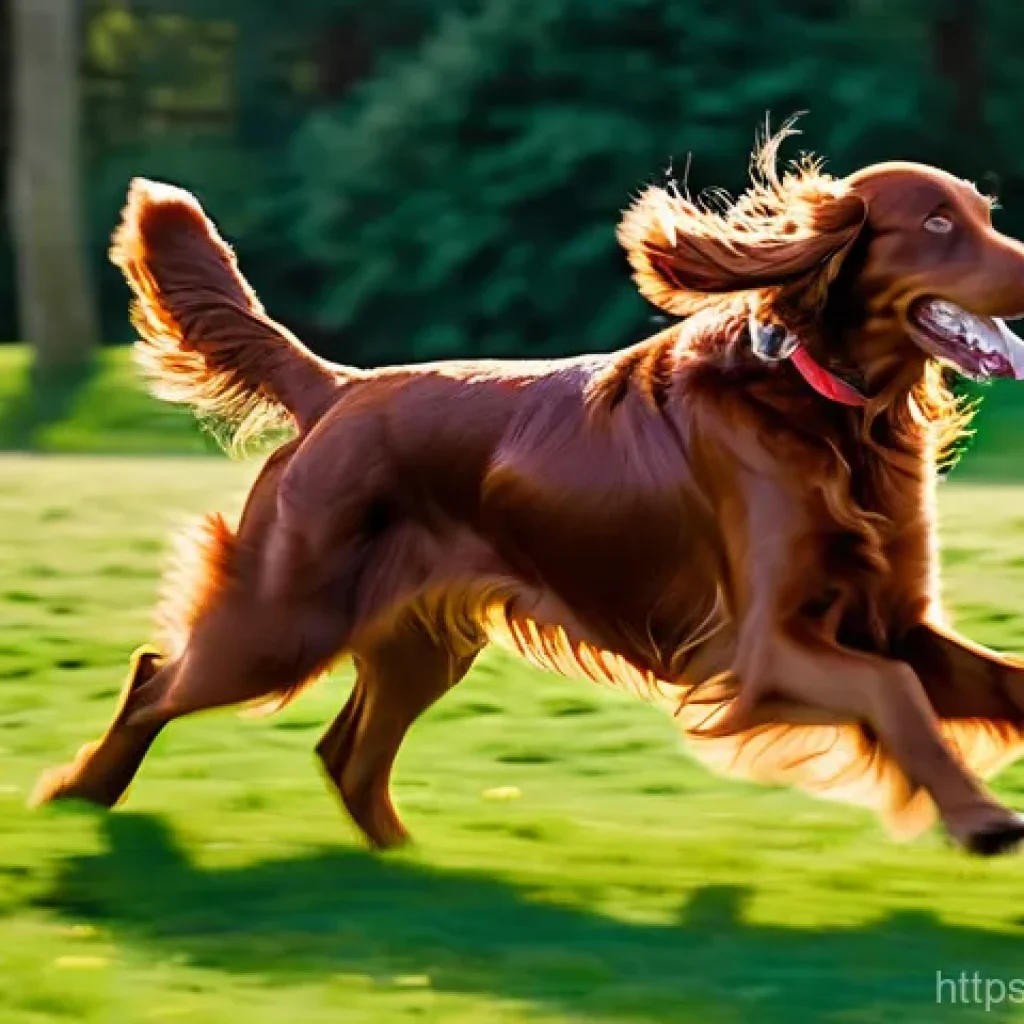 아이리쉬 세터의 성격 - A vibrant, active Irish Setter, with a magnificent ruby-red, flowing coat, joyfully running through ...