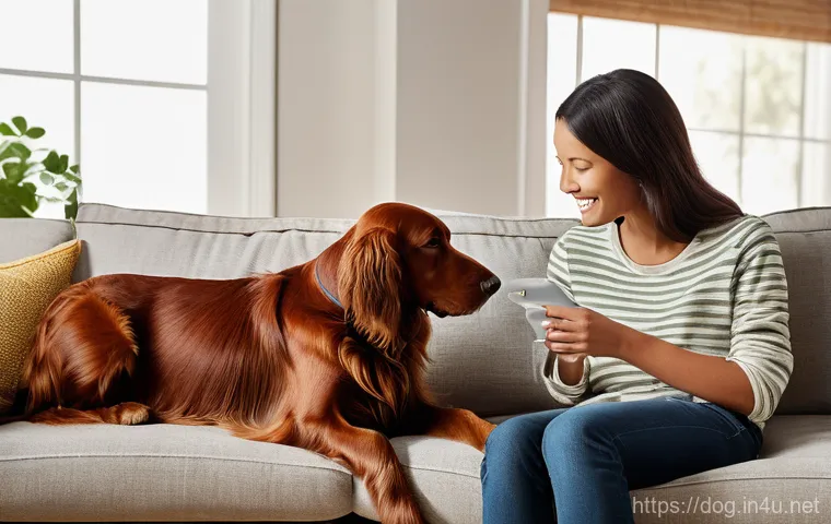 아이리쉬 세터의 성격 - A vibrant, active Irish Setter, with a magnificent ruby-red, flowing coat, joyfully running through ...