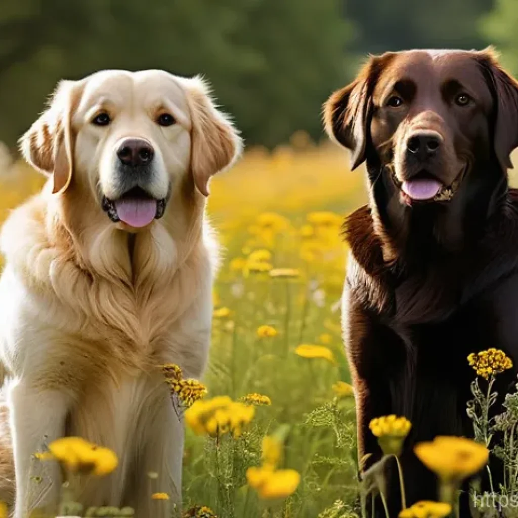 래브라도 리트리버와 골든 리트리버 비교 - **Image Prompt 1: Contrasting Coats in a Natural Setting**
"A serene outdoor portrait capturing ...