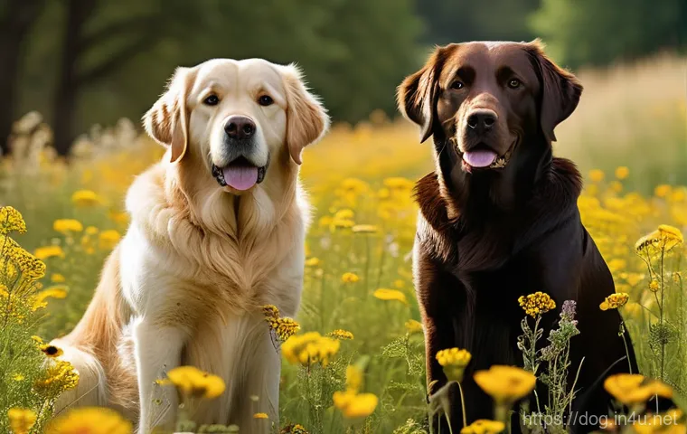 래브라도 리트리버와 골든 리트리버 비교 - **Image Prompt 1: Contrasting Coats in a Natural Setting**
"A serene outdoor portrait capturing ...