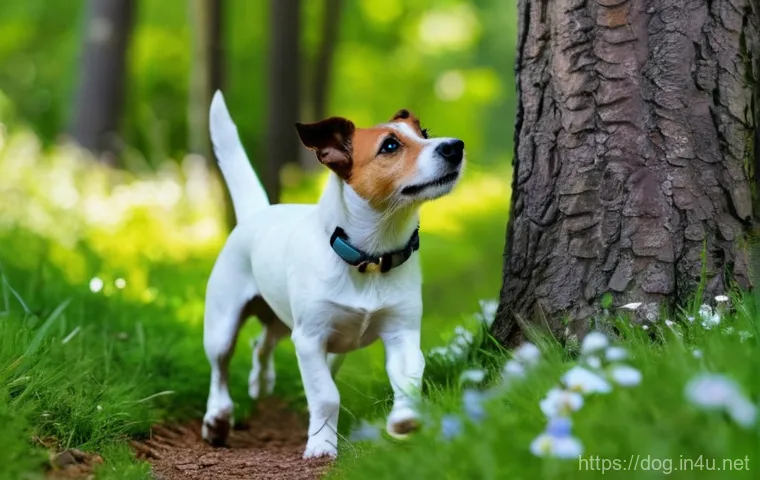 잭 러셀 테리어 활동성 관리 - **Prompt 1: Energetic Exploration Walk**
A vibrant, wide-angle outdoor shot of a Jack Russell Te...