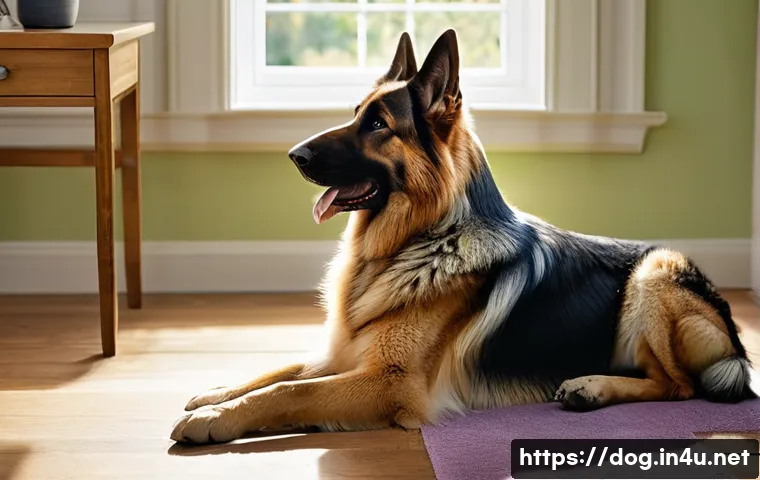 저먼 셰퍼드의 털 관리 - **Prompt:** A majestic German Shepherd with a glossy, healthy double coat. A friendly owner is gentl...