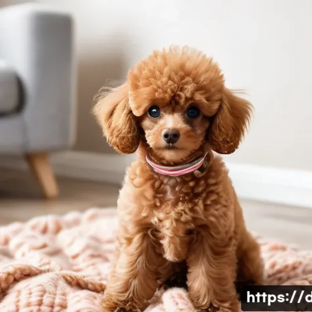 푸들 크기별 차이점 - A tiny, adorable Toy Poodle with fluffy, apricot-colored curly fur, sitting comfortably on a soft, k...