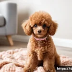 푸들 크기별 차이점 - A tiny, adorable Toy Poodle with fluffy, apricot-colored curly fur, sitting comfortably on a soft, k...