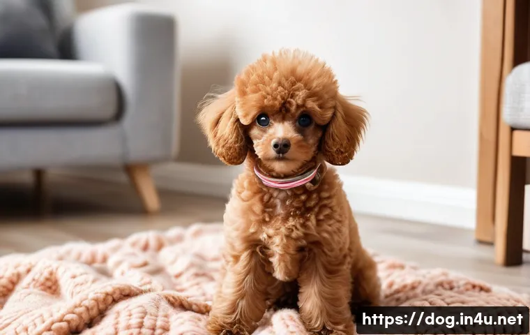 푸들 크기별 차이점 - A tiny, adorable Toy Poodle with fluffy, apricot-colored curly fur, sitting comfortably on a soft, k...