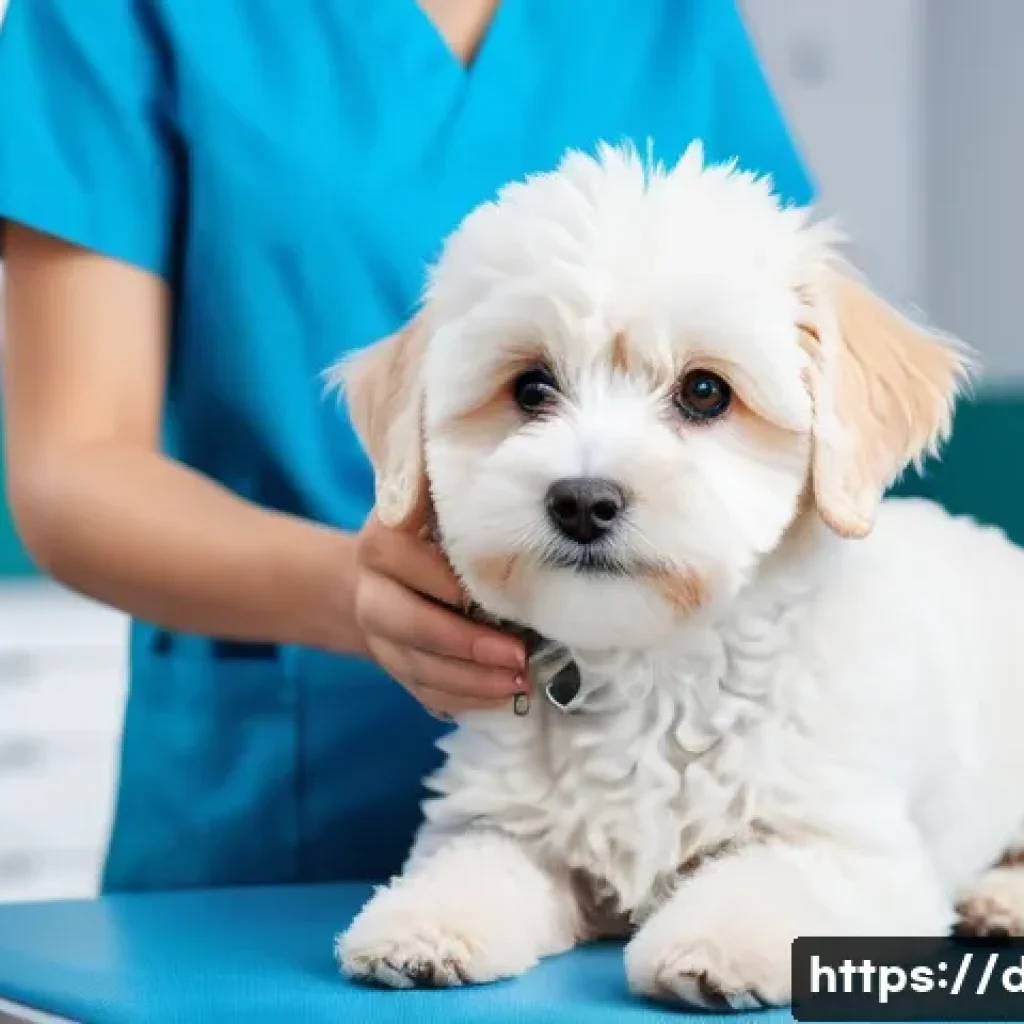 말티푸의 건강 관리 - **Prompt:** A heartwarming scene of a small, fluffy white Maltipoo dog, looking calm and well-behave...