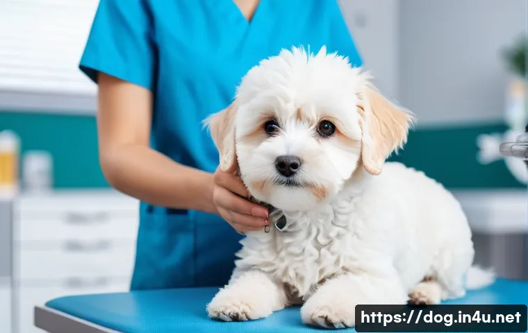 말티푸의 건강 관리 - **Prompt:** A heartwarming scene of a small, fluffy white Maltipoo dog, looking calm and well-behave...