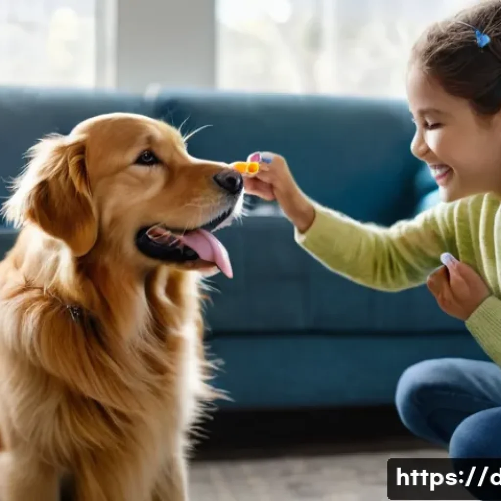 강아지 훈련 도구 추천 - **Prompt:** A heartwarming scene of a young adult, smiling softly, offering a small, healthy treat t...