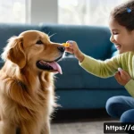 강아지 훈련 도구 추천 - **Prompt:** A heartwarming scene of a young adult, smiling softly, offering a small, healthy treat t...