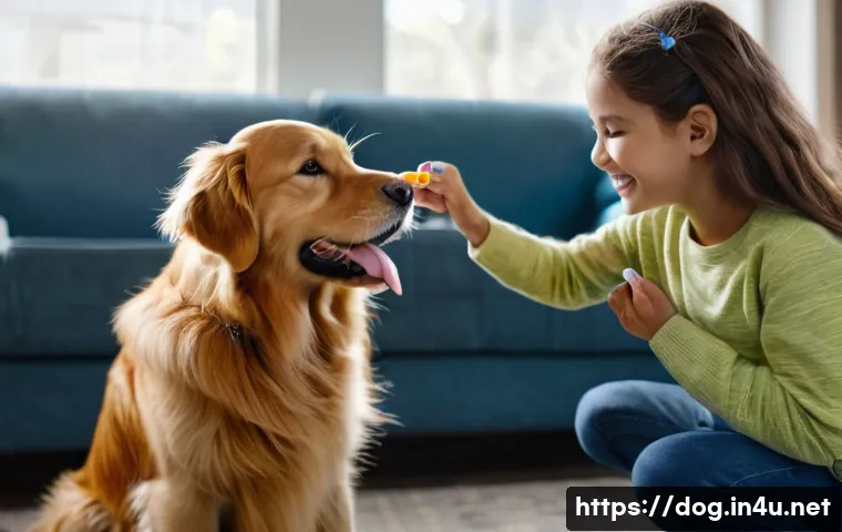 강아지 훈련 도구 추천 - **Prompt:** A heartwarming scene of a young adult, smiling softly, offering a small, healthy treat t...
