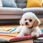 강아지 운동량 확인법 - A happy, healthy Toy Poodle, with soft, curly white fur, engaging in a nose work game inside a cozy,...