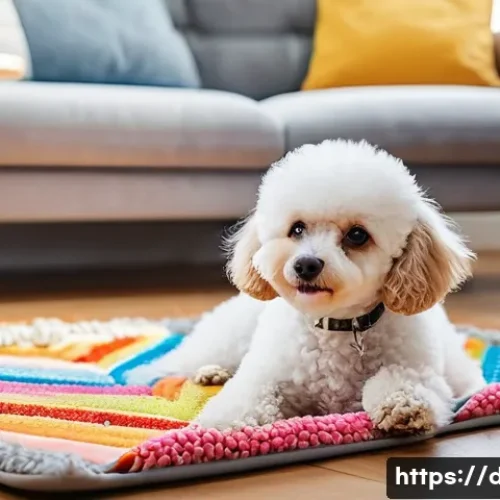Home 30 강아지 운동량 확인법 - A happy, healthy Toy Poodle, with soft, curly white fur, engaging in a nose work game inside a cozy,...