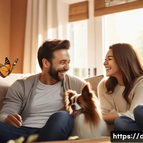 Home 17 파피용의 사교성 - A joyful and vibrant scene in a cozy living room, where a small, elegant Papillon with long, flowing...