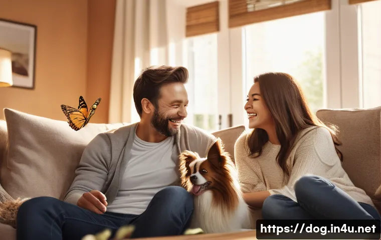 파피용의 사교성 - A joyful and vibrant scene in a cozy living room, where a small, elegant Papillon with long, flowing...